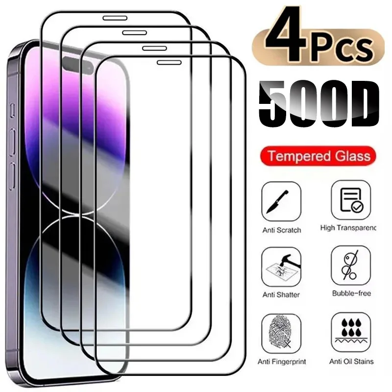 500D Full Cover Tempered Glass Screen Protector For iPhone 13 12 11 14 15 Pro Max 14 15 PLUS Glass Film 4PCS tempered glass screen protector