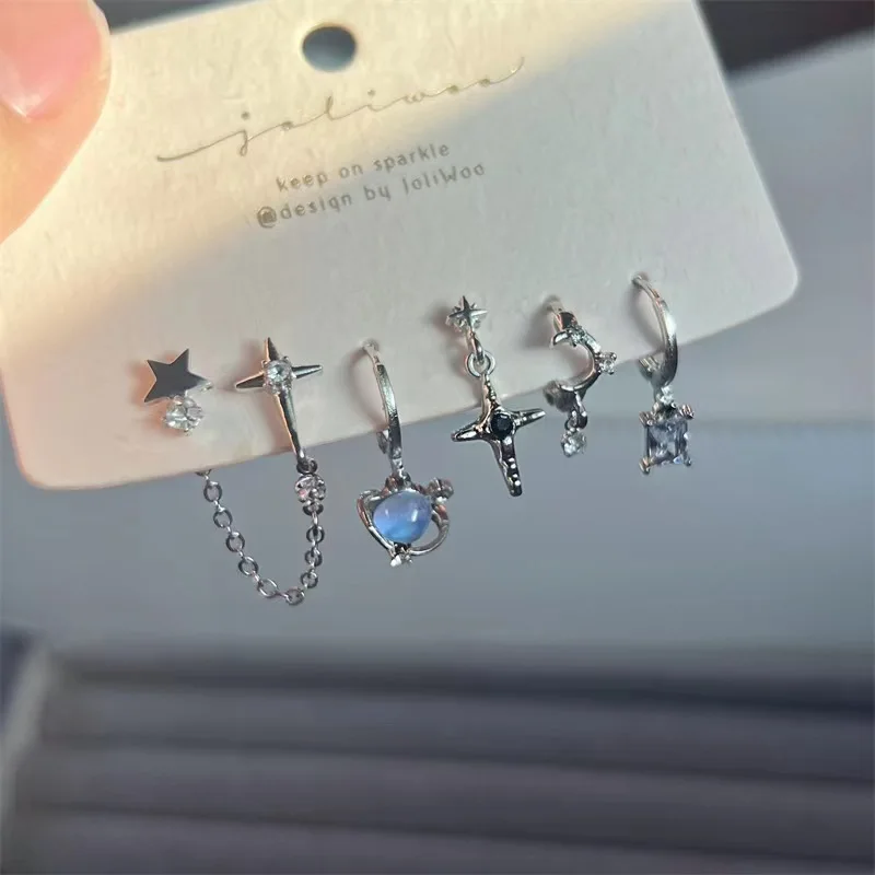 6PCS SET Goth Punk Crystal Moon Cross Star Pendant Earrings For Men Women Grunge Y2K Vintage Aesthetic Jewelry Accessories - AliExpress 