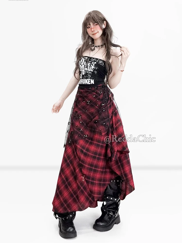 REDDACHiC 3-WAY Bustle Skirt Sequin Sarong Goth Irregular High Low Adjustable Low Rise Plaid Long Skirt Grunge Women Alt Clothes