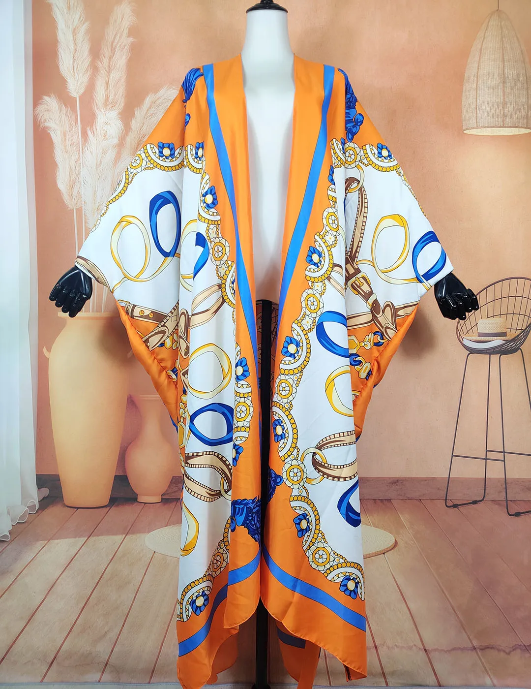 African Classic Printed Boho Twill Silk Summer Loose Long Cardigan Kuwait Beach Bikini Cover Up  Kimonos For Lady