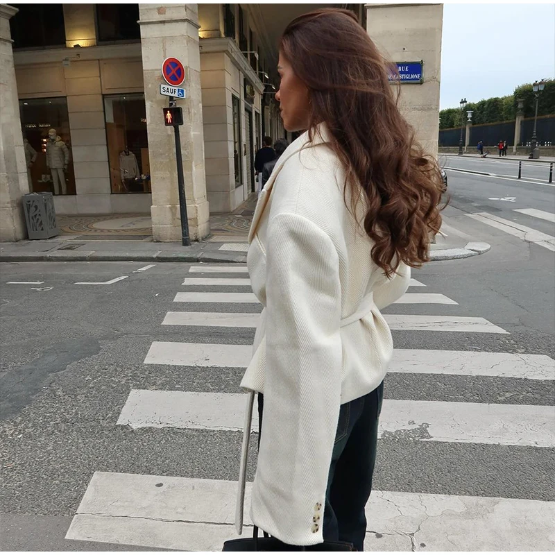 Street Lace Up Cropped Blazer Coat Women Loose Lapel Pocket Long Sleeve Suit Jackets Female 2025 Spring White All-match Outwear