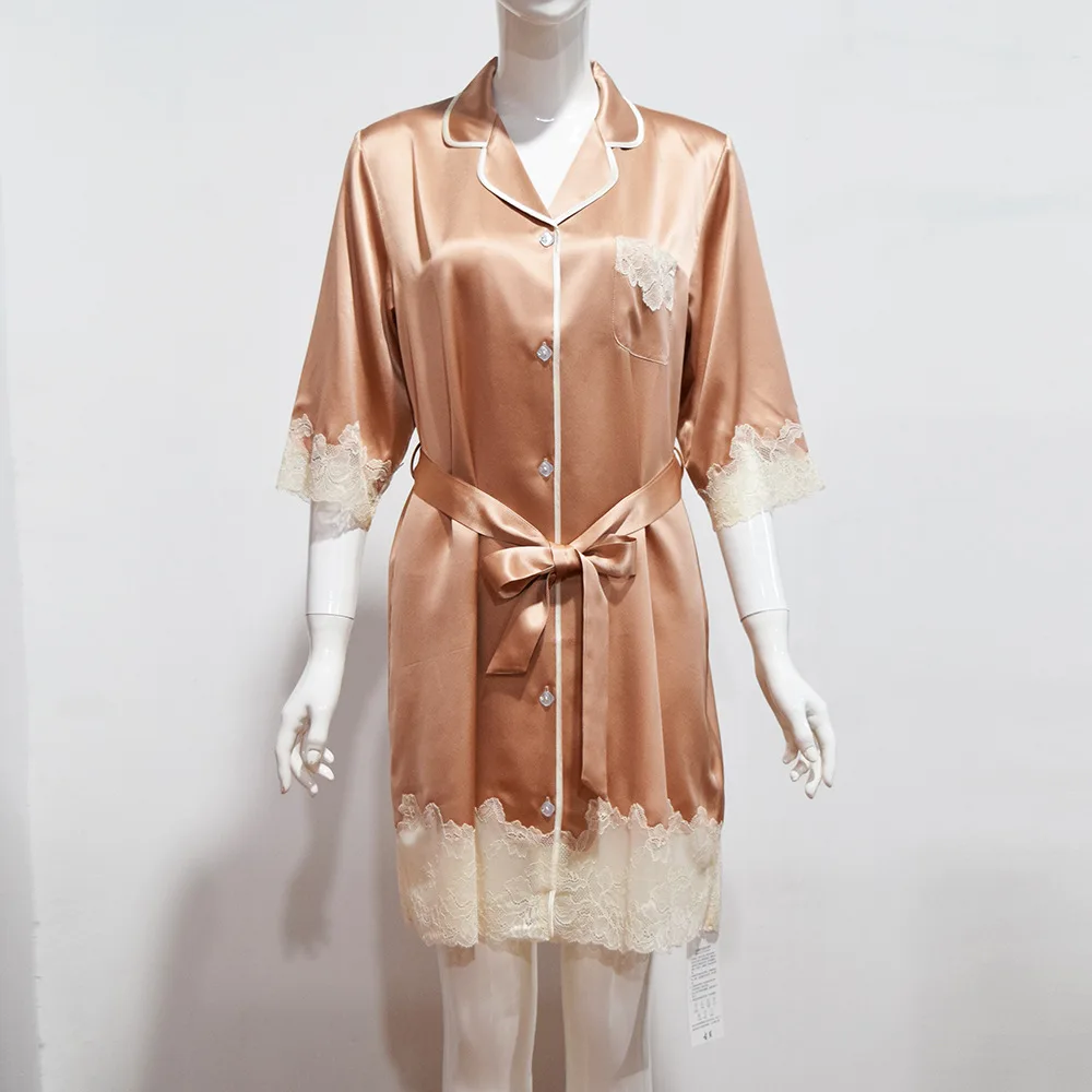 

Ночная сорочка женская с кружевным подолом, роскошная домашняя рубашка, ночная рубашка из натурального шелка, с лацканами, с поясом, домашняя одежда, 19 мм