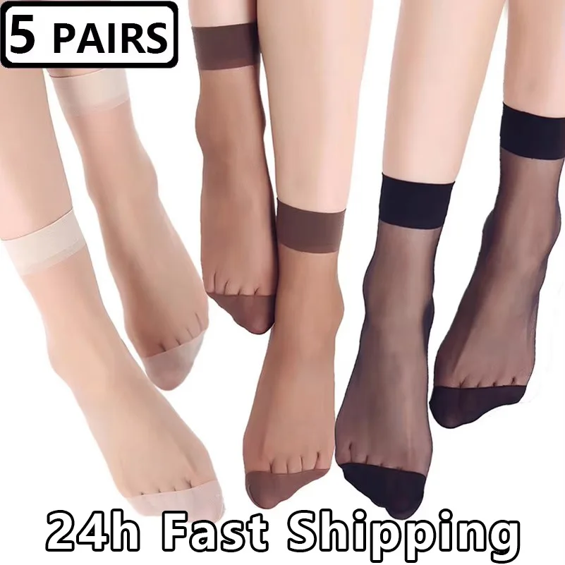 Womens Socks 5 Pairs Thin Summer Transparent Silk Ankle Short Socks for Girls