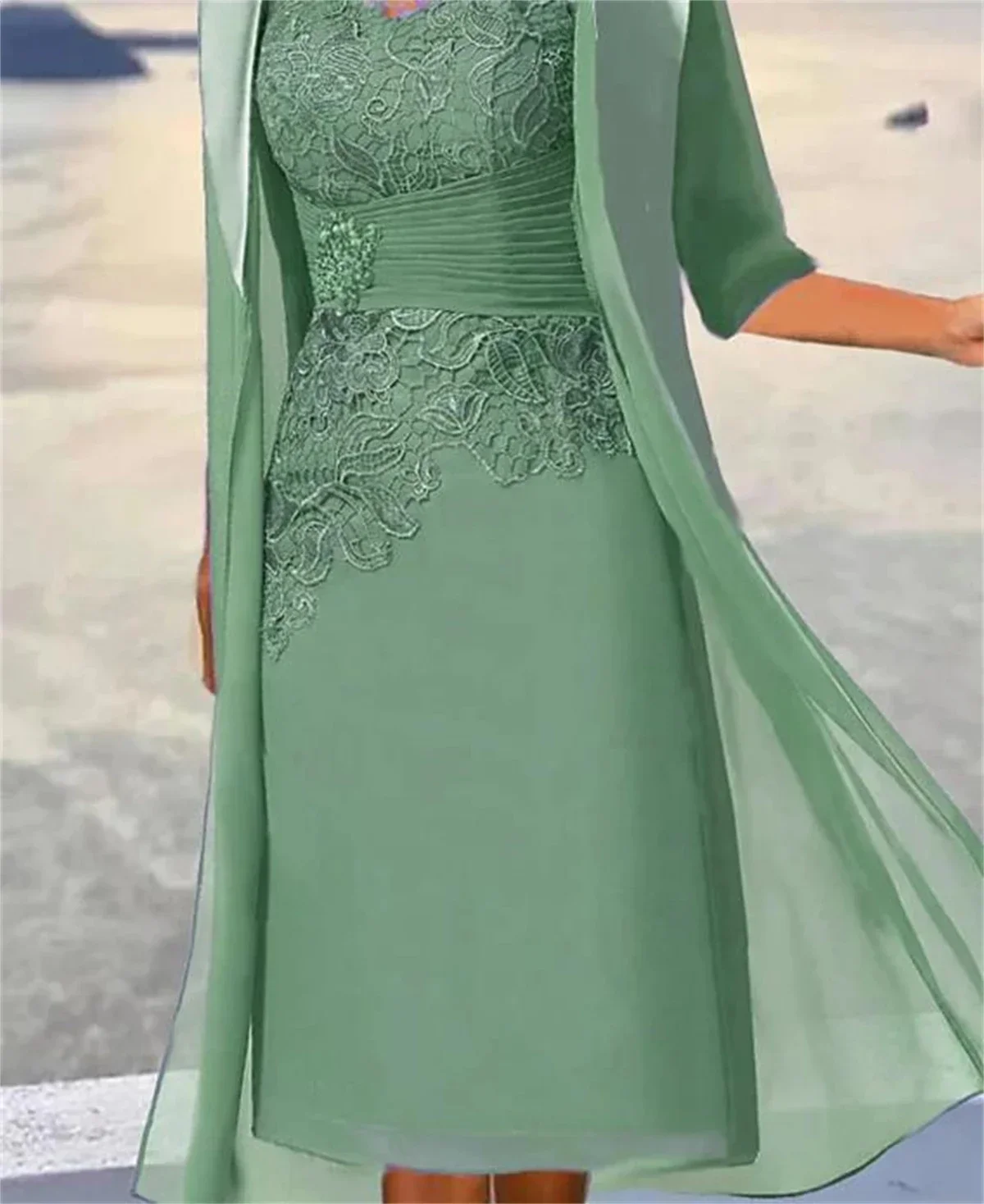 Mother of the Bride Dresses For Weddings Midi Dusty Blue Knee-Length Floral Lace Appliques Layered Ruched فستان - 2