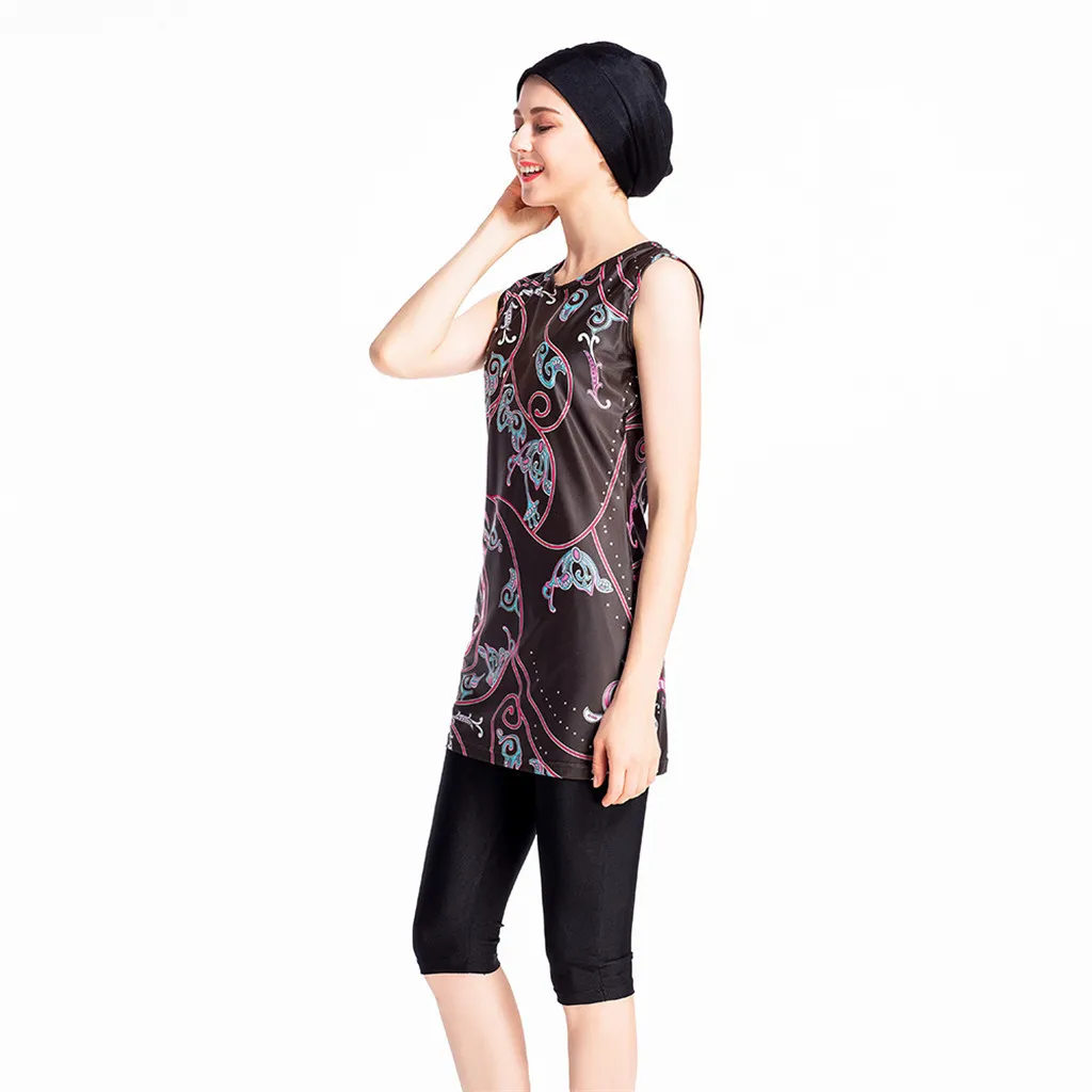

Women Muslim Bathing Suit With Cap Printing Swimsuit Beachwear Women Swimwear pool Beachwear Vintage Swimwear