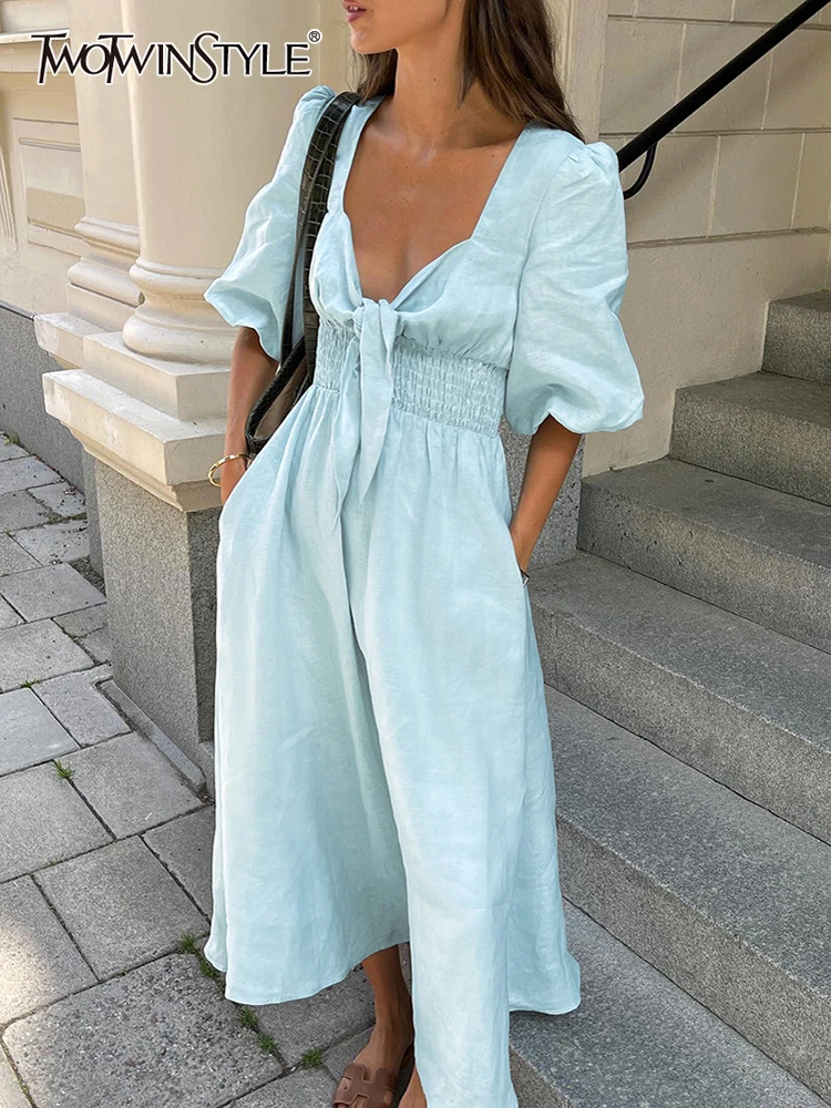

TWOTWINSTYLE Elegant loose Dresses For Women Deep V Neck Spliced Lace Up Puff Sleeve High Waist Shirred A Line Dress Female New
