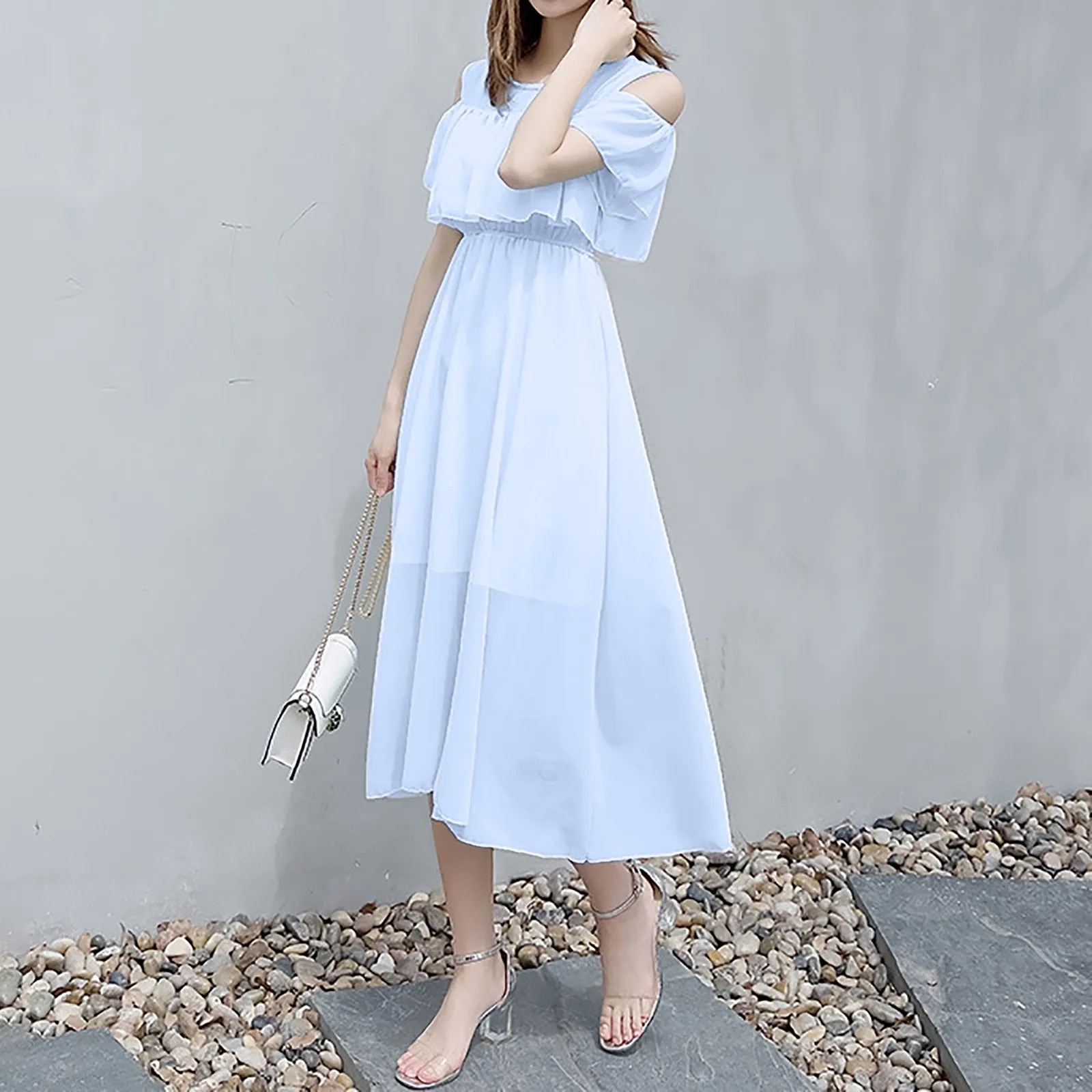 

Elegant Women Blue Dresses New Layer Ruffles Slim Waist Short Sleeve Summer Dress Korea Fashion Solid color Chiffon Long Dress