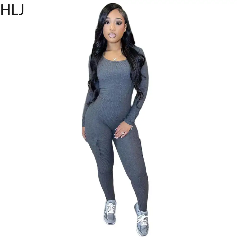 HLJ Sexy Solid Color Ribber Bodycon Jumpsuits Women Round Neck Long Sleeve Skinny Pants One Piece Playsuit Female Sporty Overall