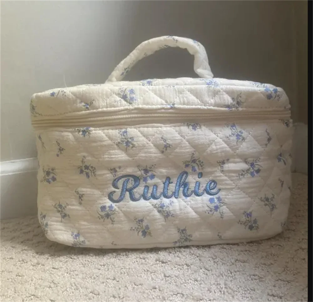 Sac de maquillage à main avec nom brodé personnalisé, sac de rangement Portable en coton Floral de grande capacité, sac à cosmétiques de voyage en plein air - AliExpress