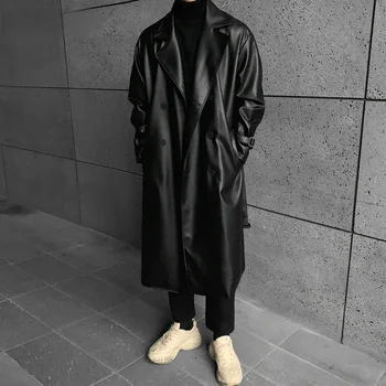 남성용 오버사이즈 인조 가죽 트렌치 코트, 드롭 숄더 벨트, 두꺼운 M-5XL, 블랙, 용수철 가을