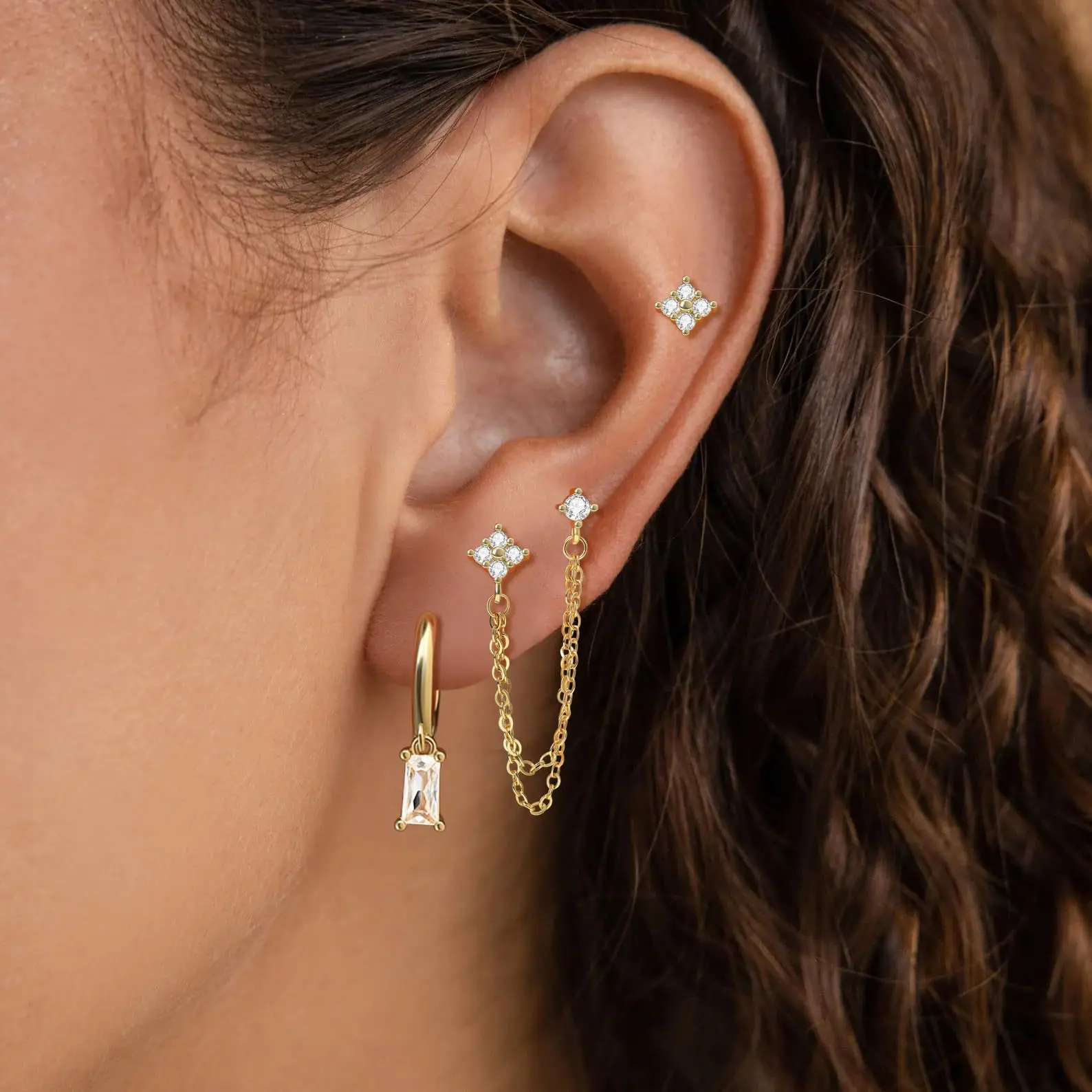 ZAKOL 3pcs Gold Color Stainless Steel Four-Leaf Flower Crystal Stud Earrings Set For Women Exquisite Piercing Jewelry Charm 5