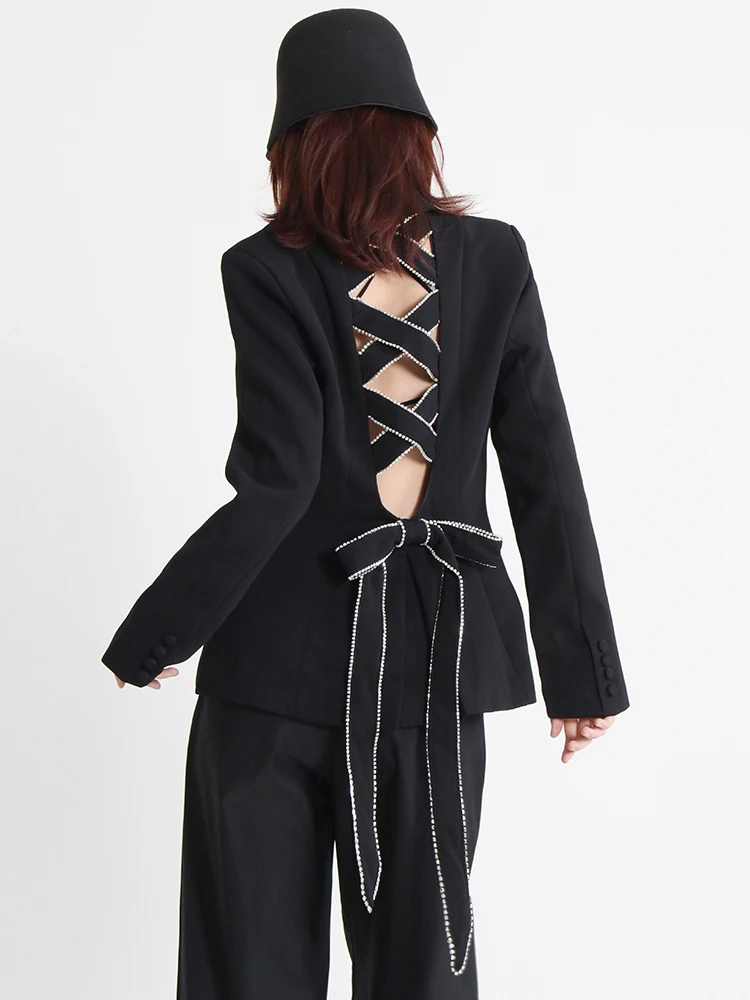 

Lace Up Cut Out Blazer For Women Notched Collar Long Sleeve Plaid Colorblock Vintage Blazers Female Clothes Fashion