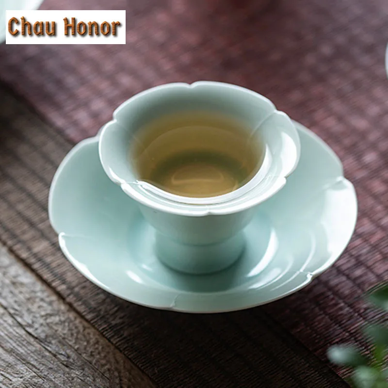 Creative Hutian Kiln Tea Cup Holder Small Cup Pad Cup Holder Trays Green Glaze Ceramic Snack Plate Kung Fu Tea Set Tea Ceremony