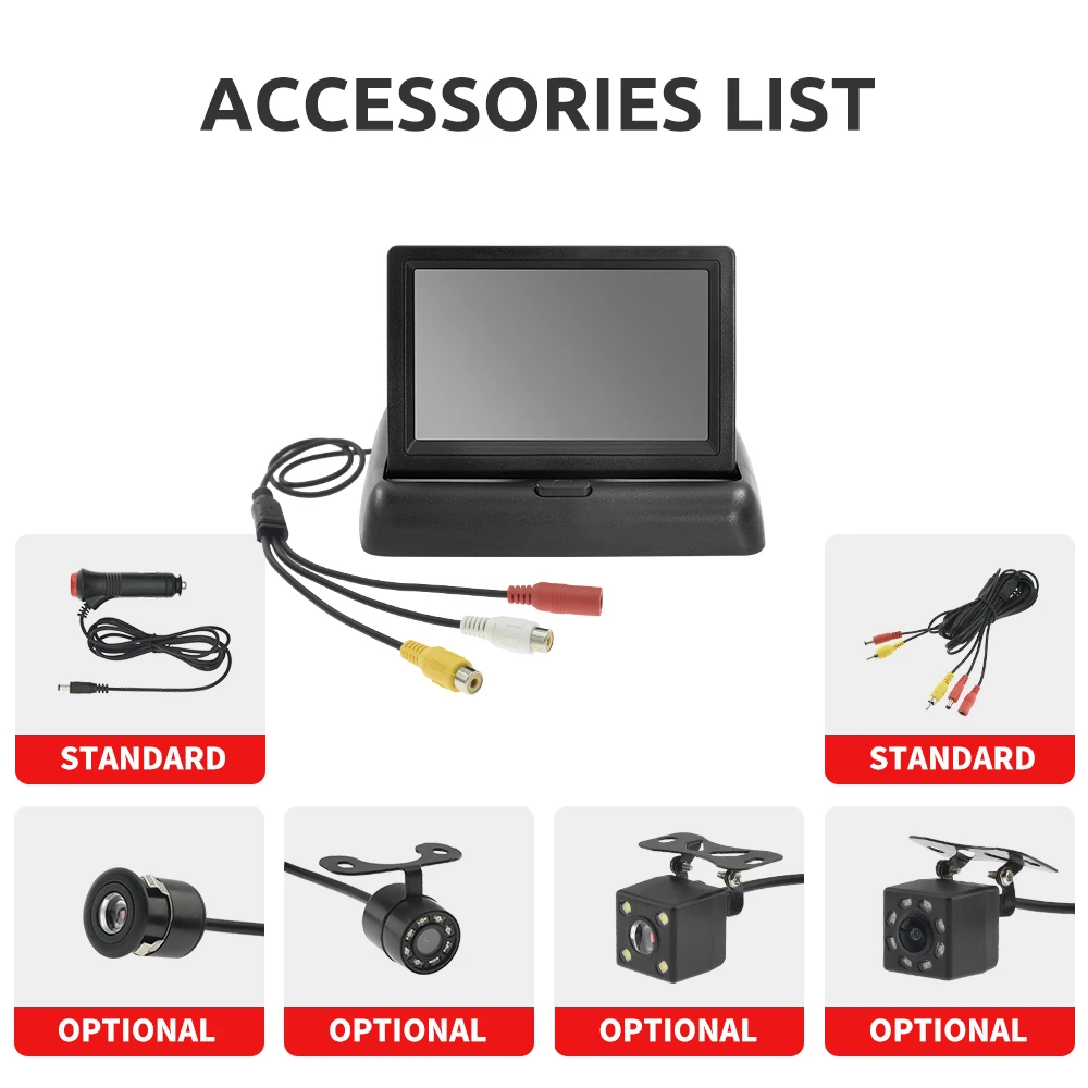 Monitor plegable para coche con pantalla HD TFT LCD 4,3, cámara de visión trasera, respaldo LED para estacionamiento de vehículos, fácil instalación 5