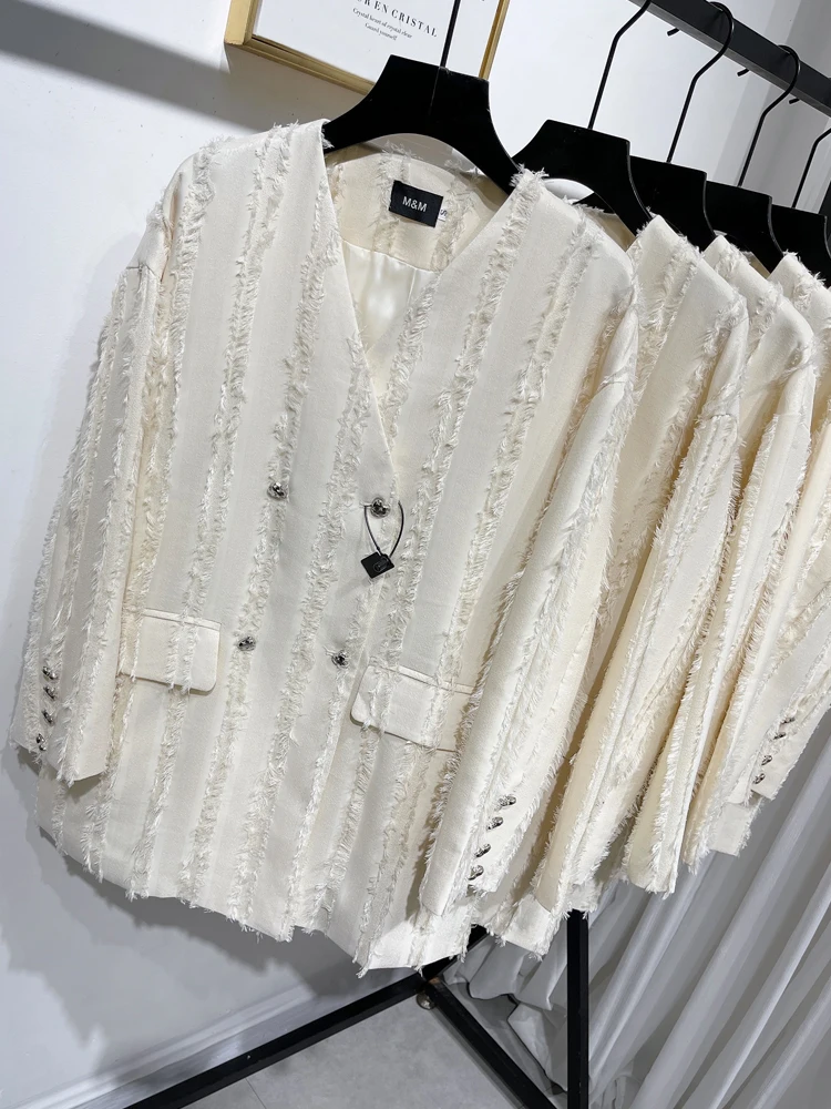 Luxury Women Double breasted blazer Oversized 2023 Fall V-neck long sleeve jacket Vintage Apricot High quality Chic INKEO 3O088