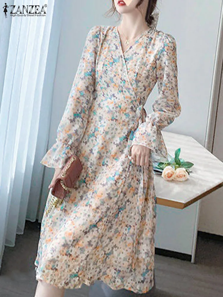 

Casual A Line Wrap Midi Dresses ZANZEA Women Flowers Print Long Dress Vintage Flare Long Sleeve Vestido 2023 Autumn V Neck Robe