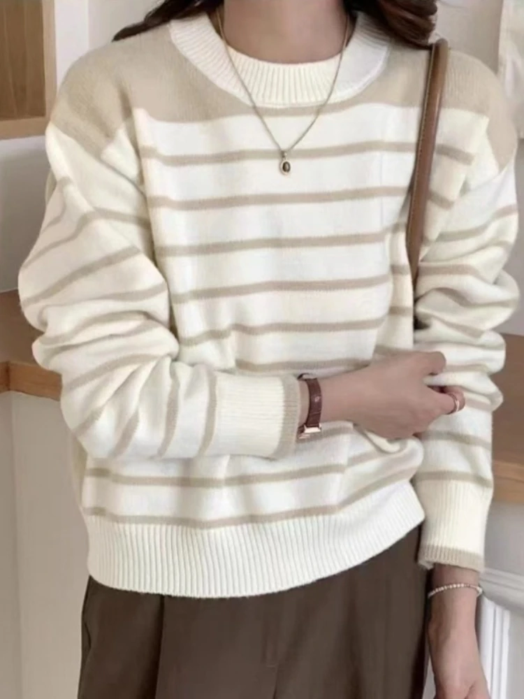 

Winter Clothes Women 2023 New Knit O-Neck Sweater LOOSE Striped Pullover Korean Fashion Female Clothing Knitwears Casual Jumpers