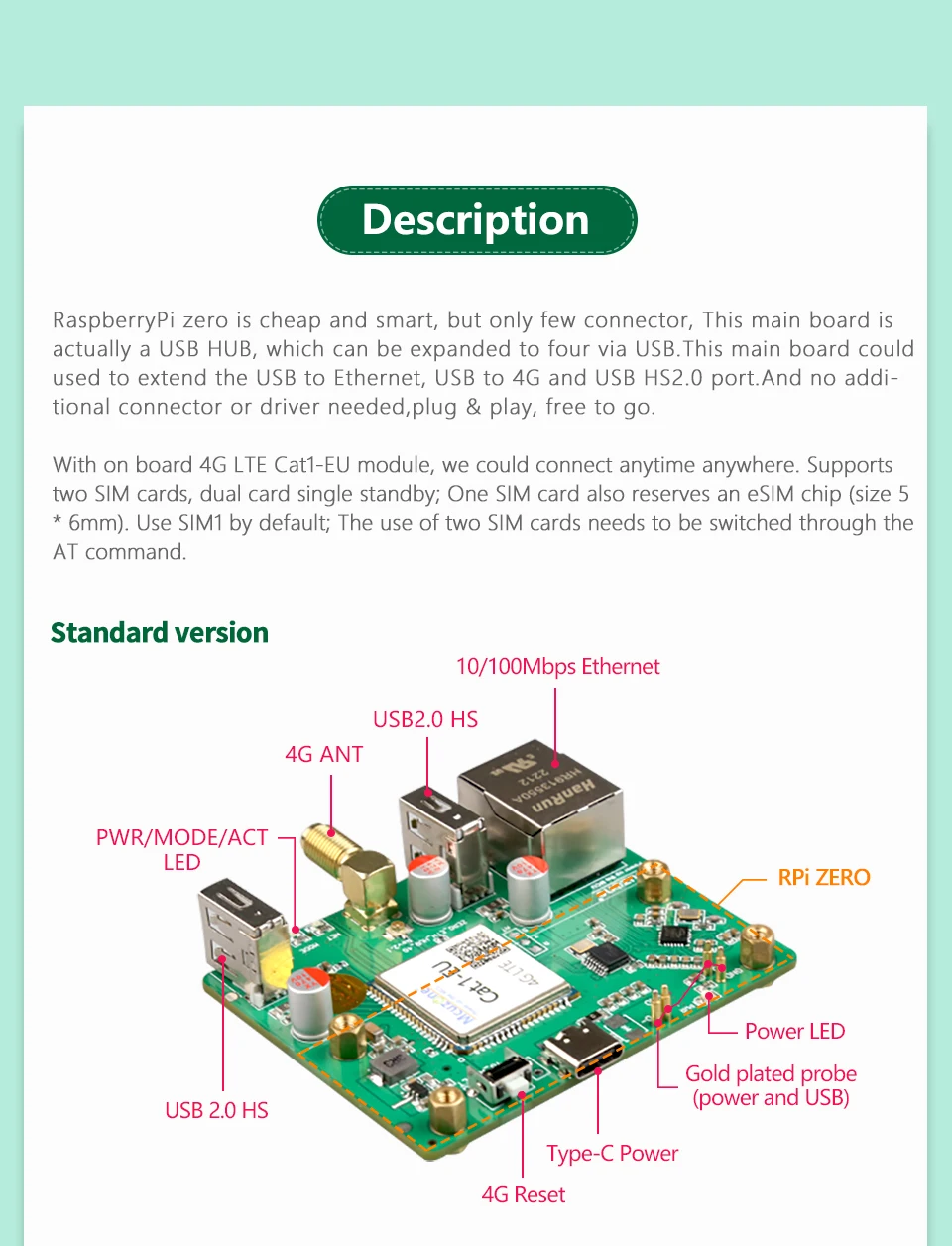 Pi Zero, CAT1-EU, 4G LTE, 100Mbps, Zero