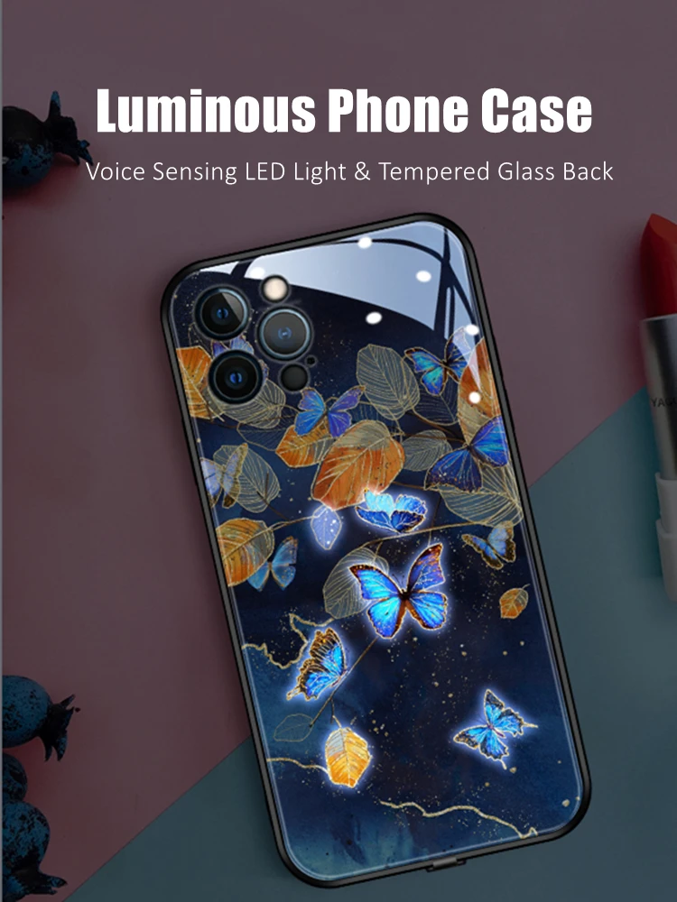 Farfalla E Cigno Ha Condotto La Luce Incandescente Custodia Per Telefono In Vetro Temperato Luminoso Per Oppo Reno 4 5 6 7 8 9 Trova X5 Realme X50 Pro