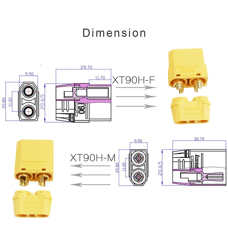 4Pcs Yellow XT90H XT90 XT-90 Male and Female Bullet Connector Plug for RC Lipo Battery Motor ESC and Charge Lead Expand DIY Part – Image 2