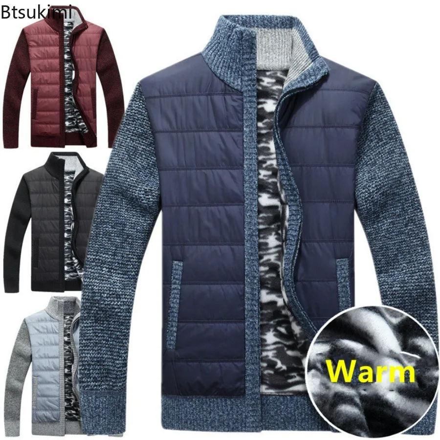 2024 Men's Thick Warm Carigan Jacket Autumn Winter Patchwork Zipper Cardigan Jacket Male Stand Collar Knitted Sweater Tops Male