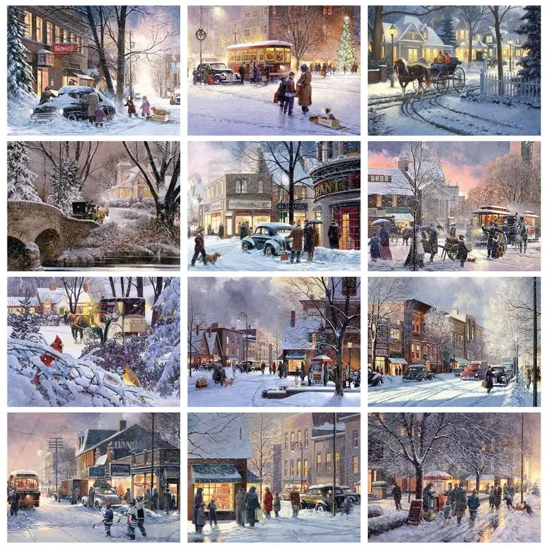 

GATYZTORY Oil Painting By Numbers Handpainted Drawing By Numbers Winter Street Landscape Home Decors Diy Gift Wall Art Crafts