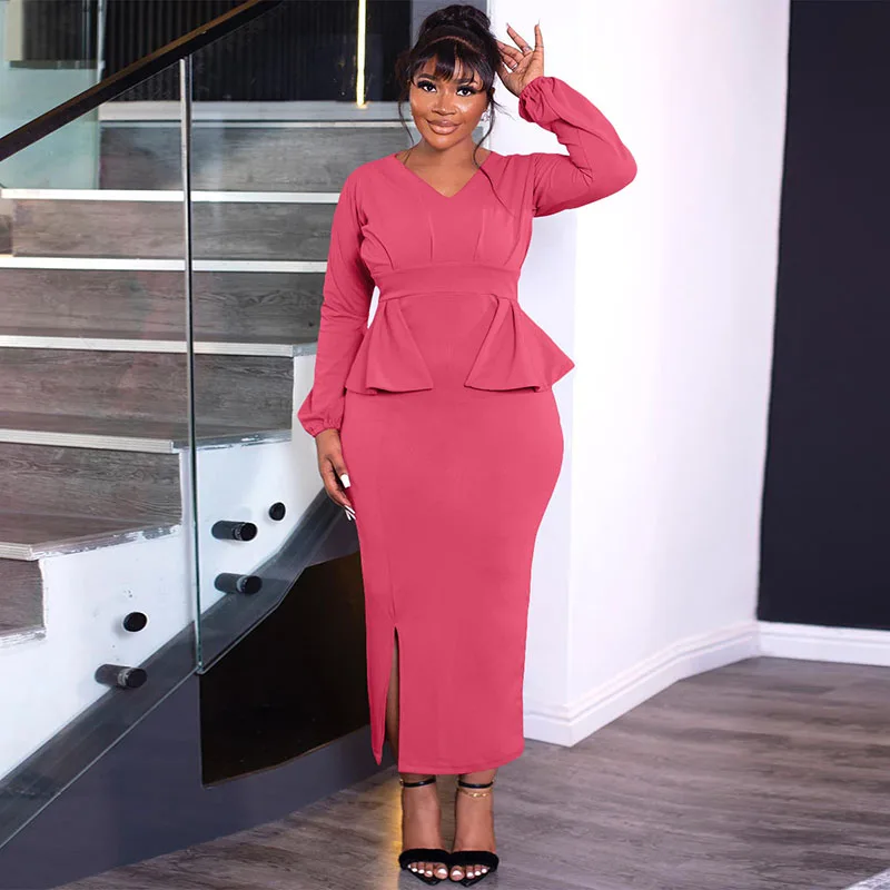 

New Women's Fashion and Elegance Solid Color Long sleeved V-neck Spliced Zipper Design Split Office Commuter Dress