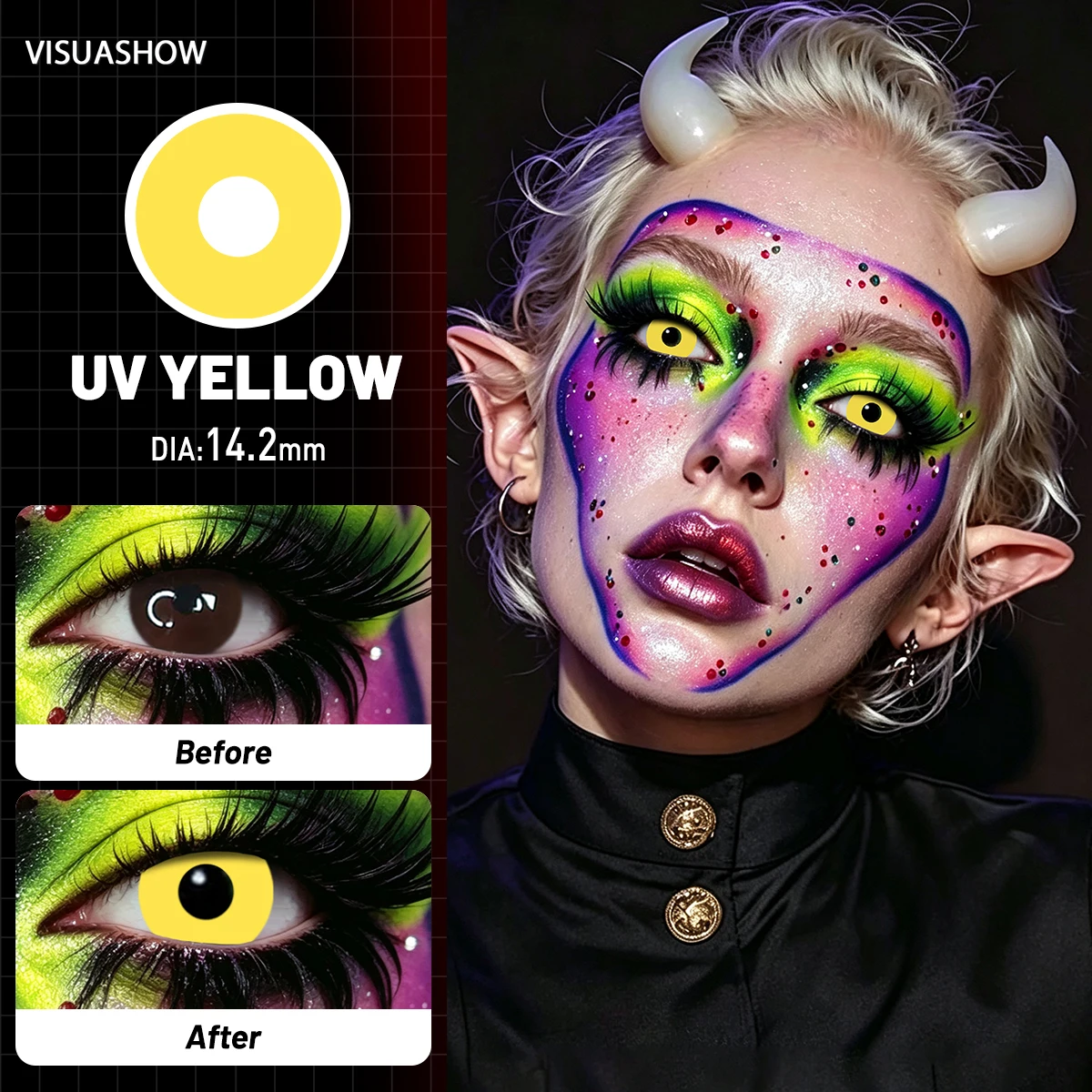 VISUASHOW Yellow Crazy Cosplay Colored Lenses 14.2mm - Red Halloween Demon Anime Contacts, Half-Year Wear