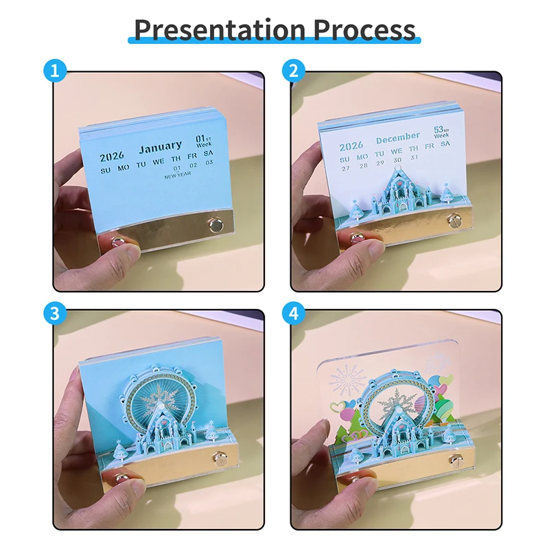 【W】타임피스 캘린더 2026 LED 조명이 있는 데스크 캘린더 3D 떼어내는 캘린더 종이 조각 예술 메모장 메모패드 선물 크리스마스