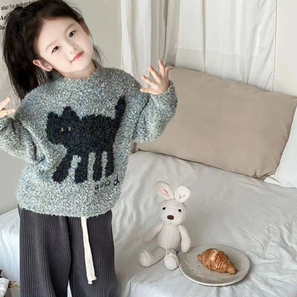 

Плюшевый мультяшный свитер для девочек, Осень-зима 2024, удобный вязаный свитер, Детский свитер, зимняя одежда для девочек