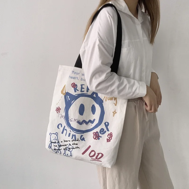 

Cute Cartoon Devil Canvas Tote Bag Women Causal Letter Print Shoulder Bag Female Zipper Cloth Shopping Bag Eco Shopper Handbag