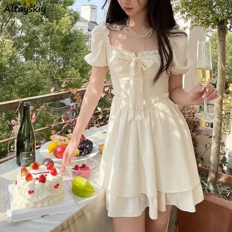 

Mini Dress Women Holiday Chic Square Collar French Style Lovely Party A-line Summer Sundress Basic Slim Fashion Vestidos