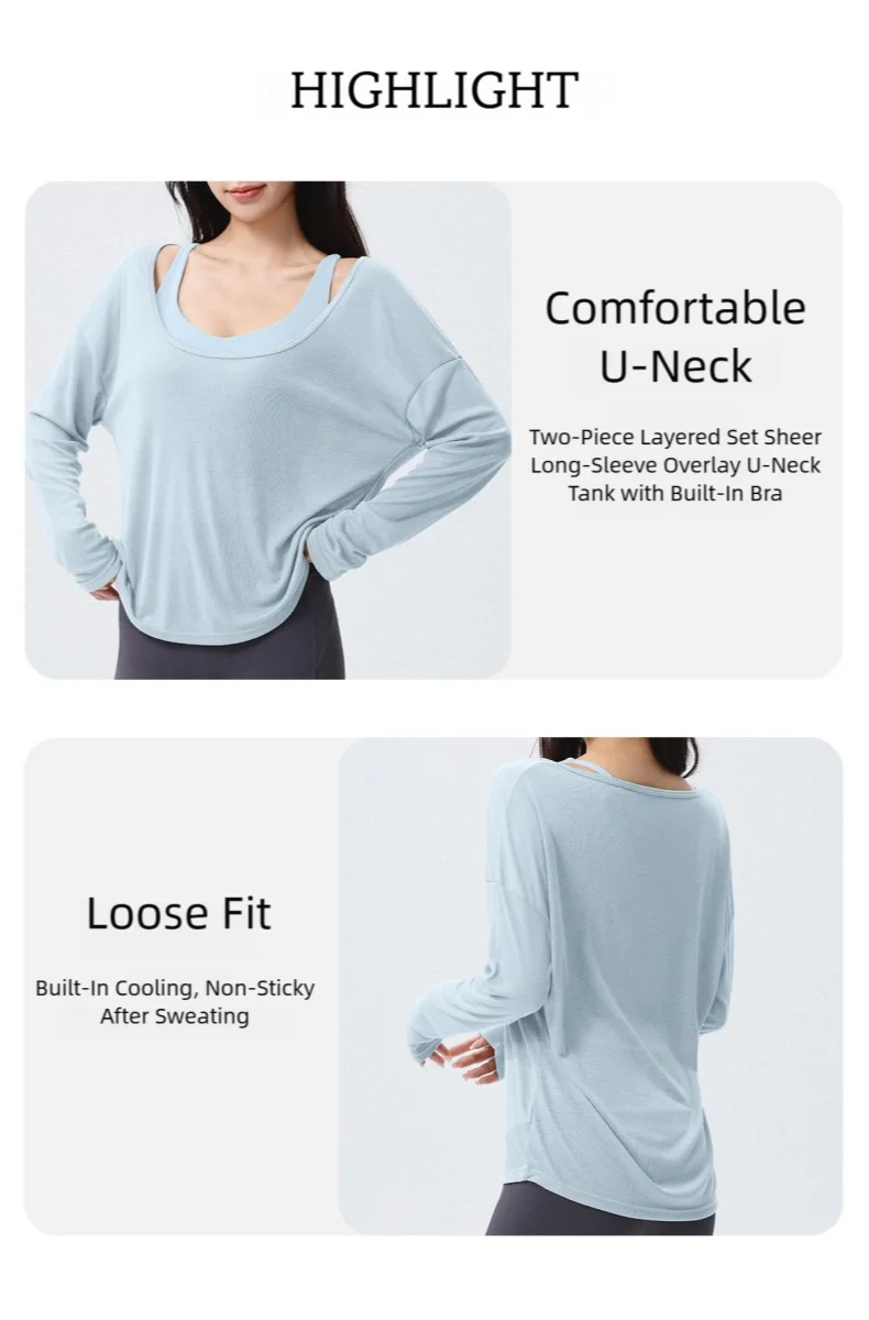 DRUR Ballett-Pilates-Yoga-Top für Damen mit tiefem U-Ausschnitt, langen Ärmeln, dünnes Workout-Shirt, Blusen, Sonnenschutz-Überzug für Damen – Detail 3