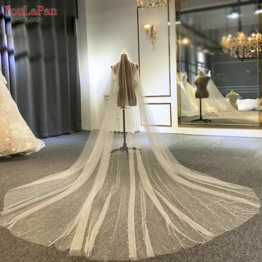 YouLaPan V09 Bridal Veil with Beaded Pearls 3M*3M Wedding Veil Ivory Cathedral Length Wedding Veil with Comb Veu of Bride 4 Mete youlapan v122 wedding veil with face cover pearl petal veil wedding bridal veil 3d organza flowers edges elbow length veil