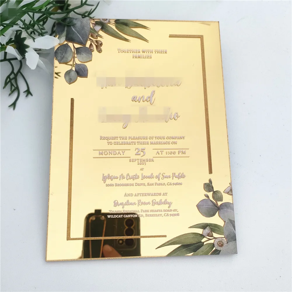 Mirror Gold Acrylic Wedding Invitation Card, Custom Printed, 10Pcs -  AliExpress, image size:1000x1000