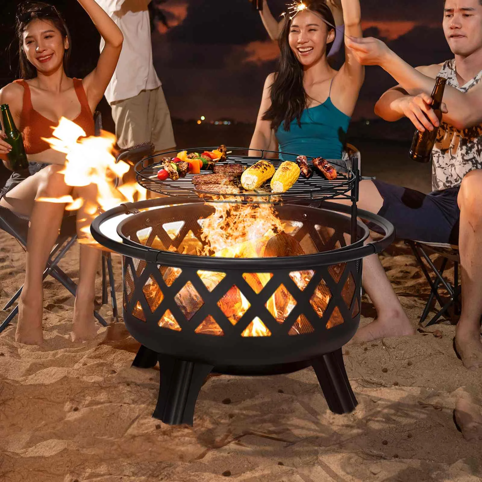 30 inch Fire Pits Swivel BBQ Grill Outdoor Wood Burning Firepits Large Steel Firepit Bowl Patio Backyard Garden Picnic