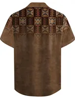 Ethnic Vintage Casual Men's Shirt Button Up Tops Party Evening Daily Vacation Summer Turndown Short Sleeve Brown Polyester Shirt 2