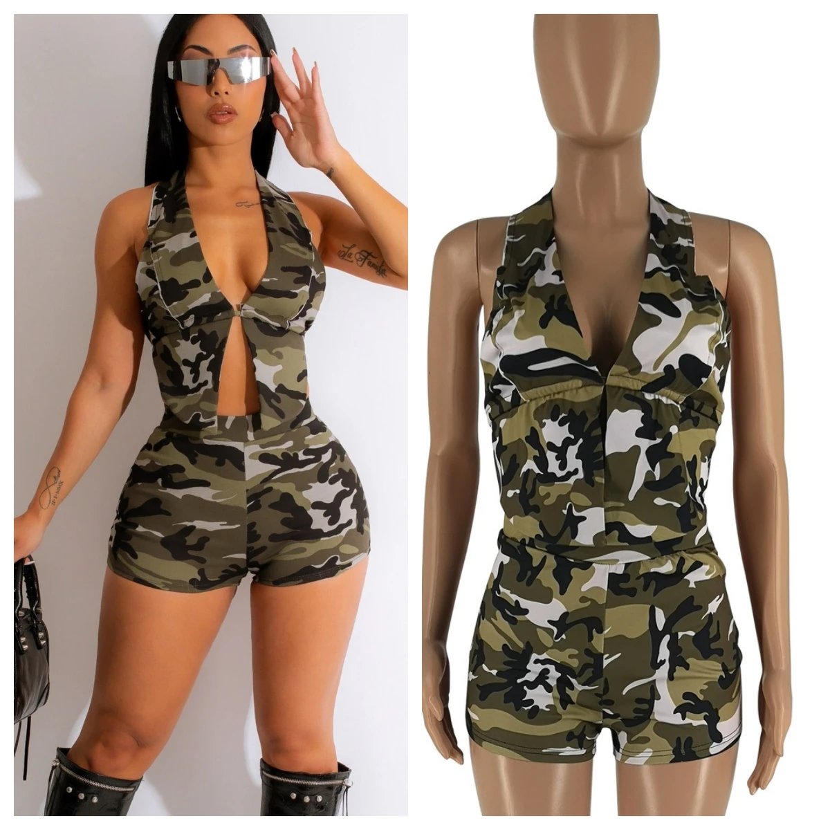 

Camouflage Print Summer Outfits for Women 2023 Sexy V Neck Lace Up Backless Tank Crop Top Shorts Club Baddie Two Piece Set Y2K