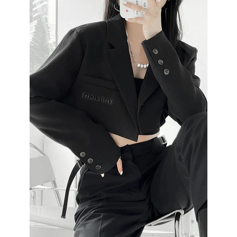 

Black Cropped Blazers Women Streetwear Suit Short Jackets Korean Harajuku Print Coats Vintage Elegant Slim Casual Outwear Tops