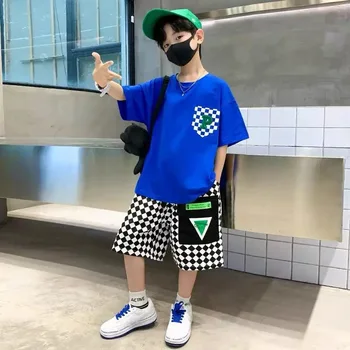 Fashion Boys Clothing Set Summer Teenage Short Sleeve Clothes Suit Letter T-shirt Plaid Shorts 2Pcs Children Loungewear Outfits 6