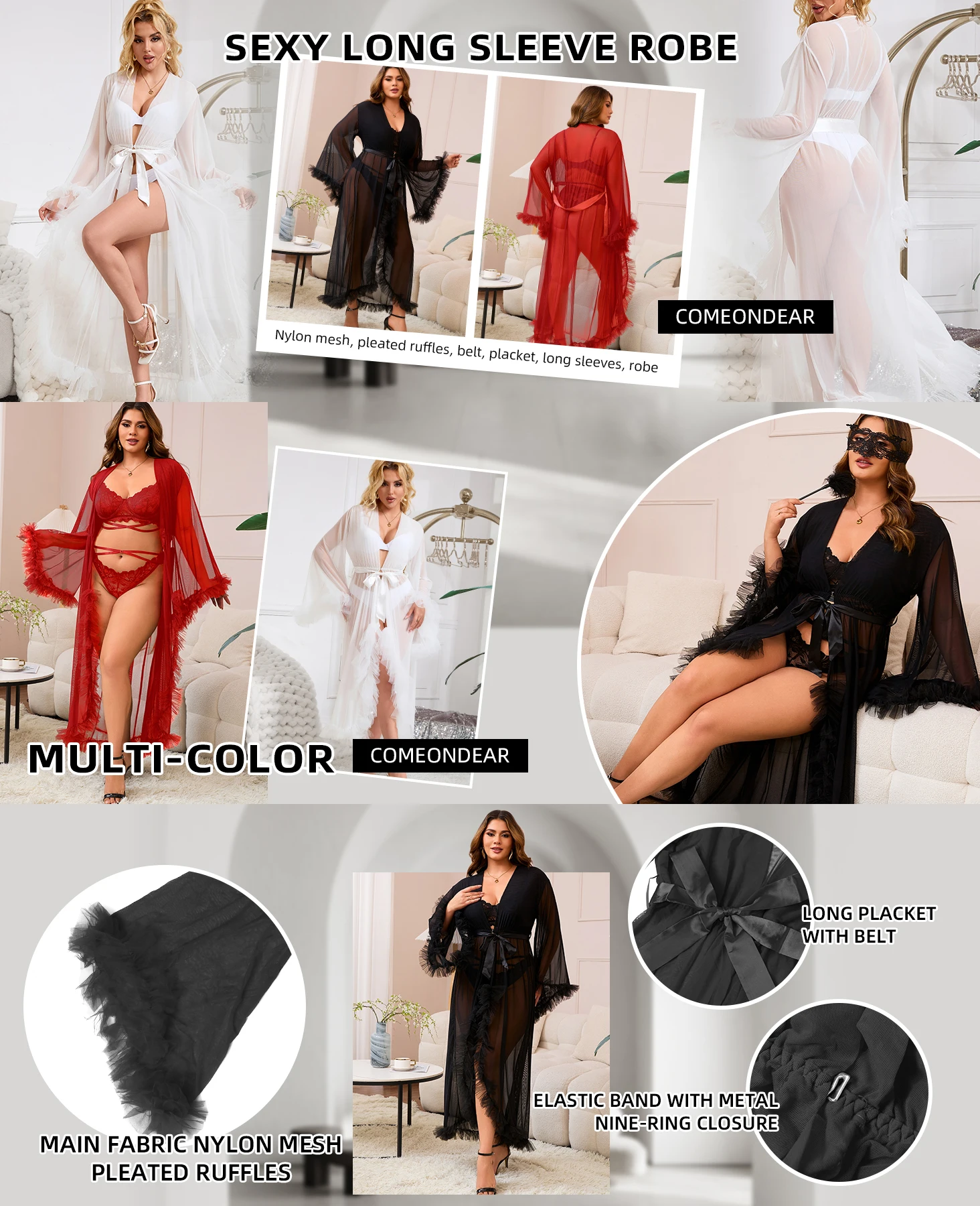 Comeondear Women's Peignoir 5XL Plus Size Red Nightgowns Lace Mesh Long Robe Negligee Adult Sheer Nightdress Sleepwear For Bride Sa6dd1cb6a55d44f19d30c7dc5c6ffe48A
