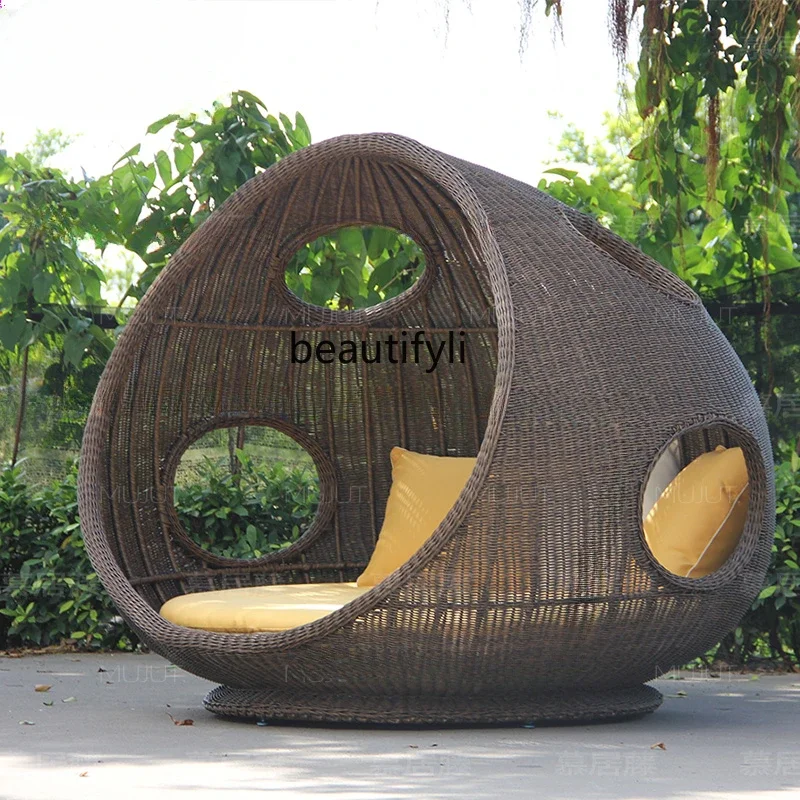 Sun Lounger Courtyard Outdoor Waterproof and Sun Protection Lying Bed Balcony round Rattan Outdoor Mushroom Bed Rattan Sofa