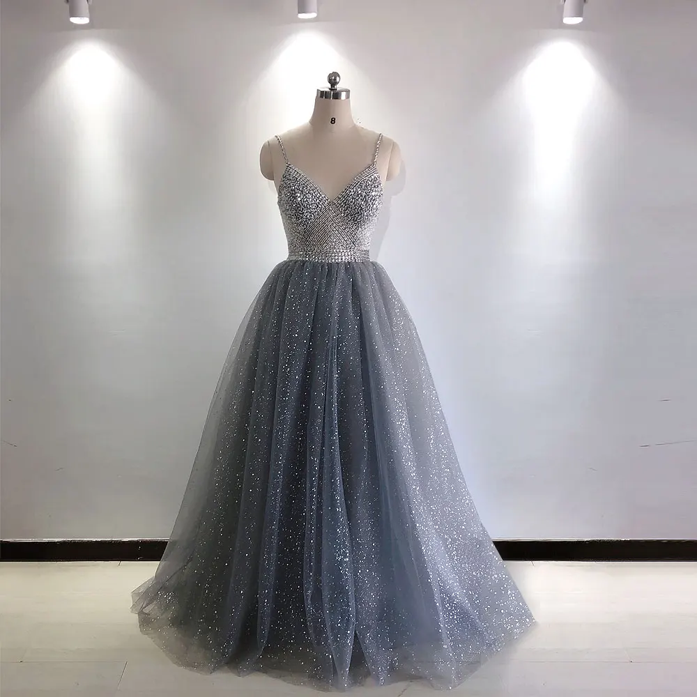 

XGGandXRR Real Elegant Gray Long Evening Dress Shiny V Neck Beading Sequin Tulle Prom Dress Party Gown robe de soiree Gala Dress