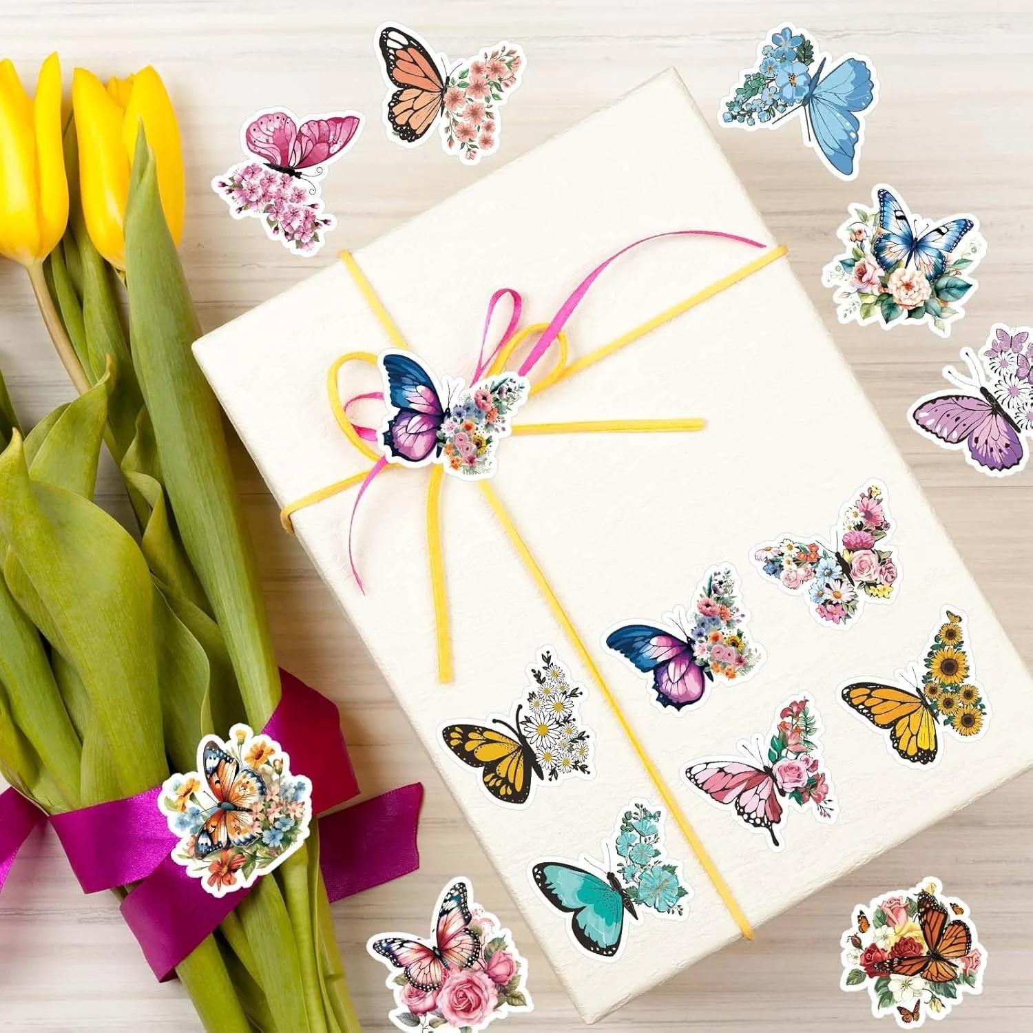 100-500pcs 아름다운 나비 감사합니다 스티커 선물 상자 포장 장식 접착 라벨 편지지 스티커