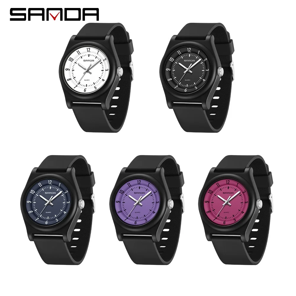 Fashion Sanda Brand 6219 Quartz Student Simple Black Purple Pink Analog Display Silicone Strap Wristwatch For Boy Girl WrisWatch 2
