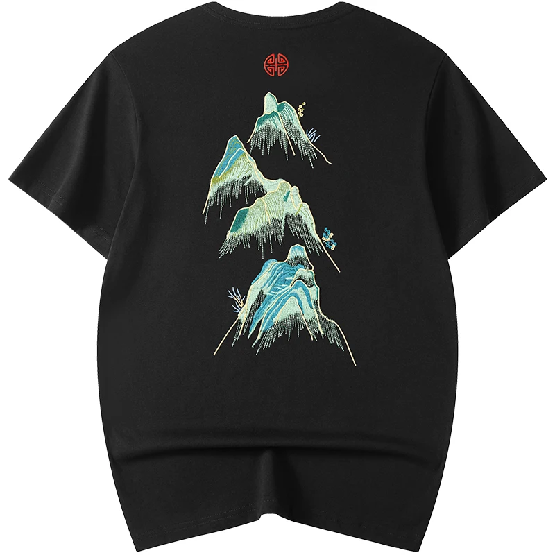 

Vintage Hip Hop T Shirt Hill Embroidery T Shirt Men Chinese Short Sleeve Cotton Harajuku Tees Streetwear Summer Youth Male 2023