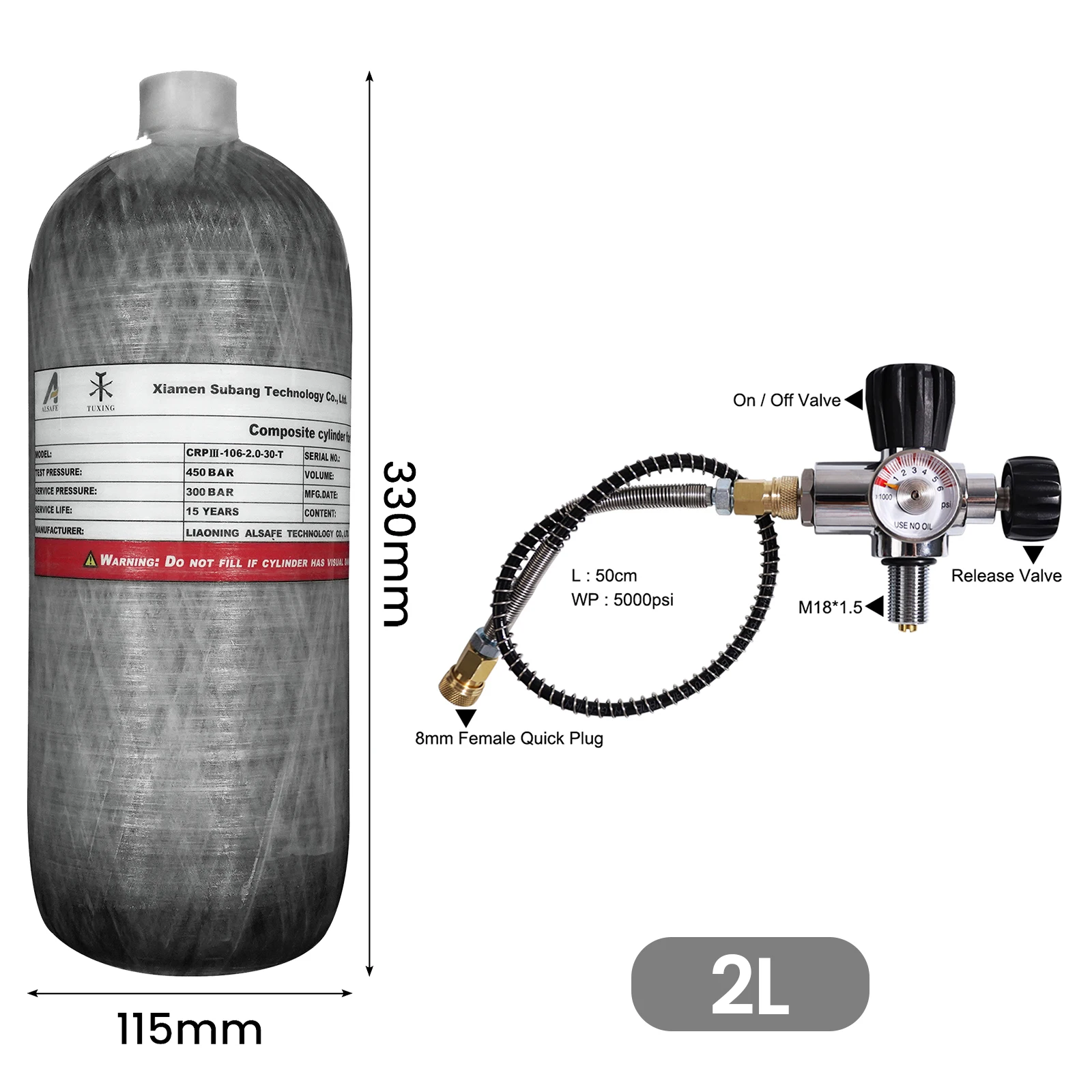 TUXING 4500Psi 2L Carbon Fiber Cylinder High Pressure Tank Scuba Diving Tank wit