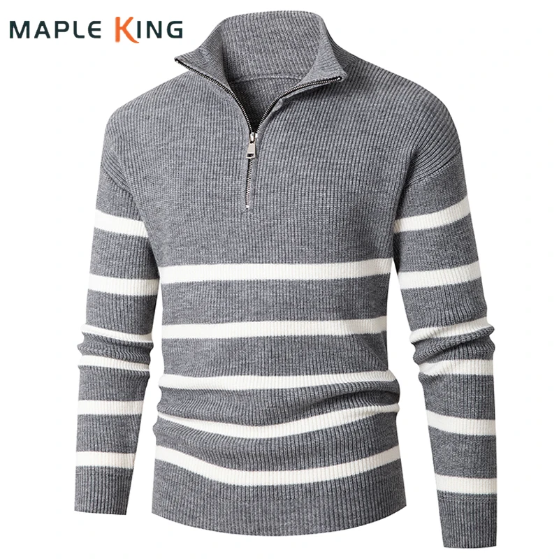 

Vintage Zipper Mock Neck Striped Knit Sweater for Men Winter Clothes Pullover Herren Warm Sweters Masculino Mens Jersey Hombre