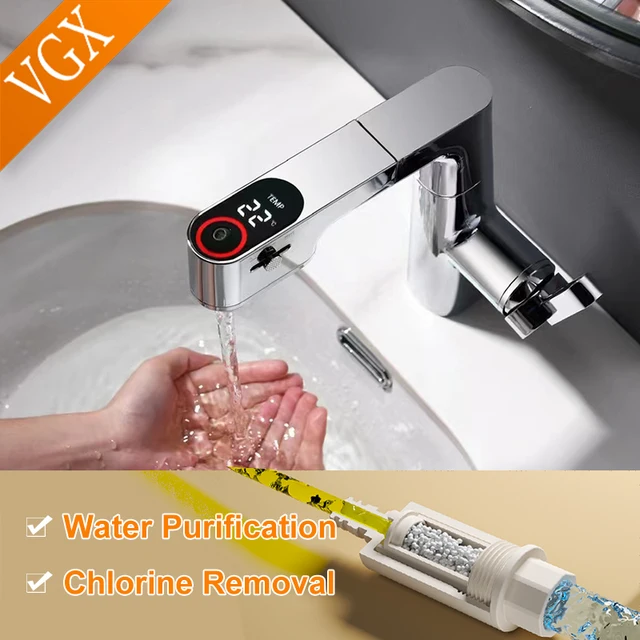 VGX มัลติฟังก์ชั่ห้องน้ําก๊อกน้ําดึงอ่างล้างหน้าก๊อกน้ํา Gourmet จอแสดงผล LED TAP 360 °   ก๊อกน้ําเครนทองเหลืองโครเมียม 1