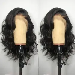 Black Short Body Wave Lace Front Wig - Glueless Natural Wave Synthetic Heat-Resistant Fiber Hair with Baby Hair, 16-Inch - Lace Front (Black)
